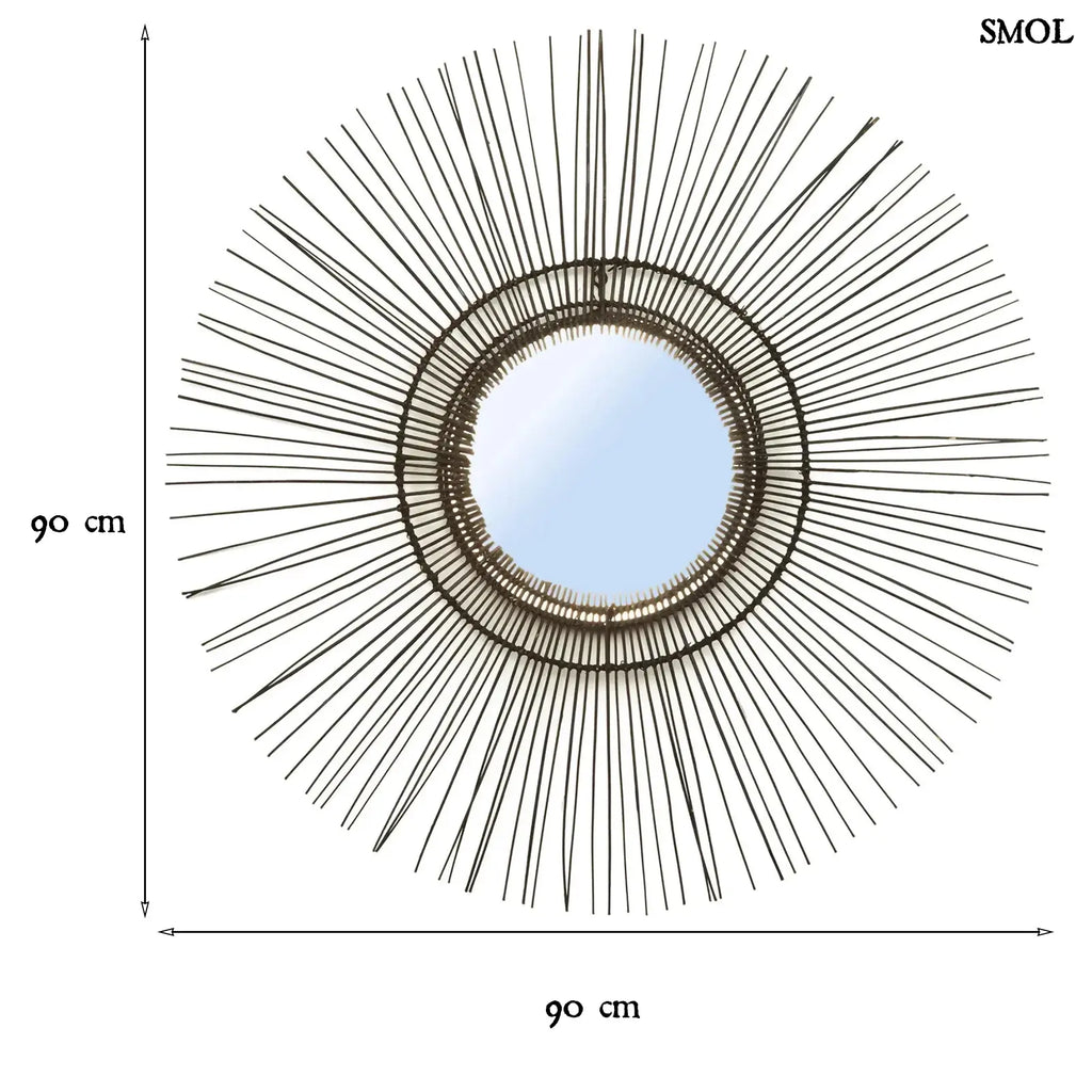 Fekete rattan falitükör kör alakú kerettel, természetes boho stílusban, méretekkel
