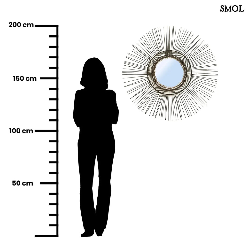 Fekete rattan falitükör kör alakú kerettel, természetes boho stílusban, méretarányosan