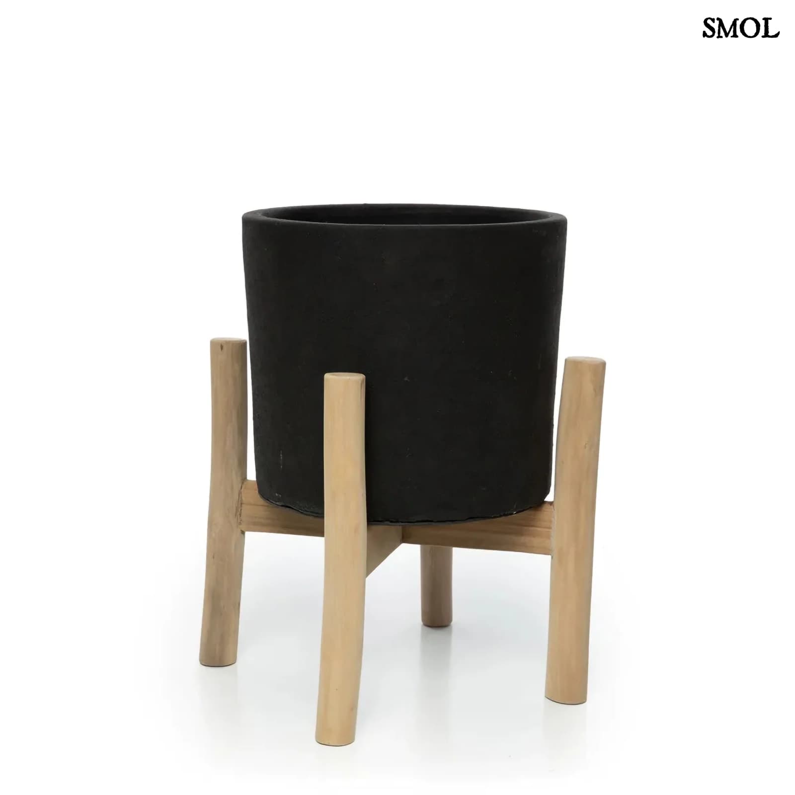 Fekete Terrakotta Virágtartó Teak Fa Lábbal | CHARCOAL LOW | SMOL - fehér háttérrel
