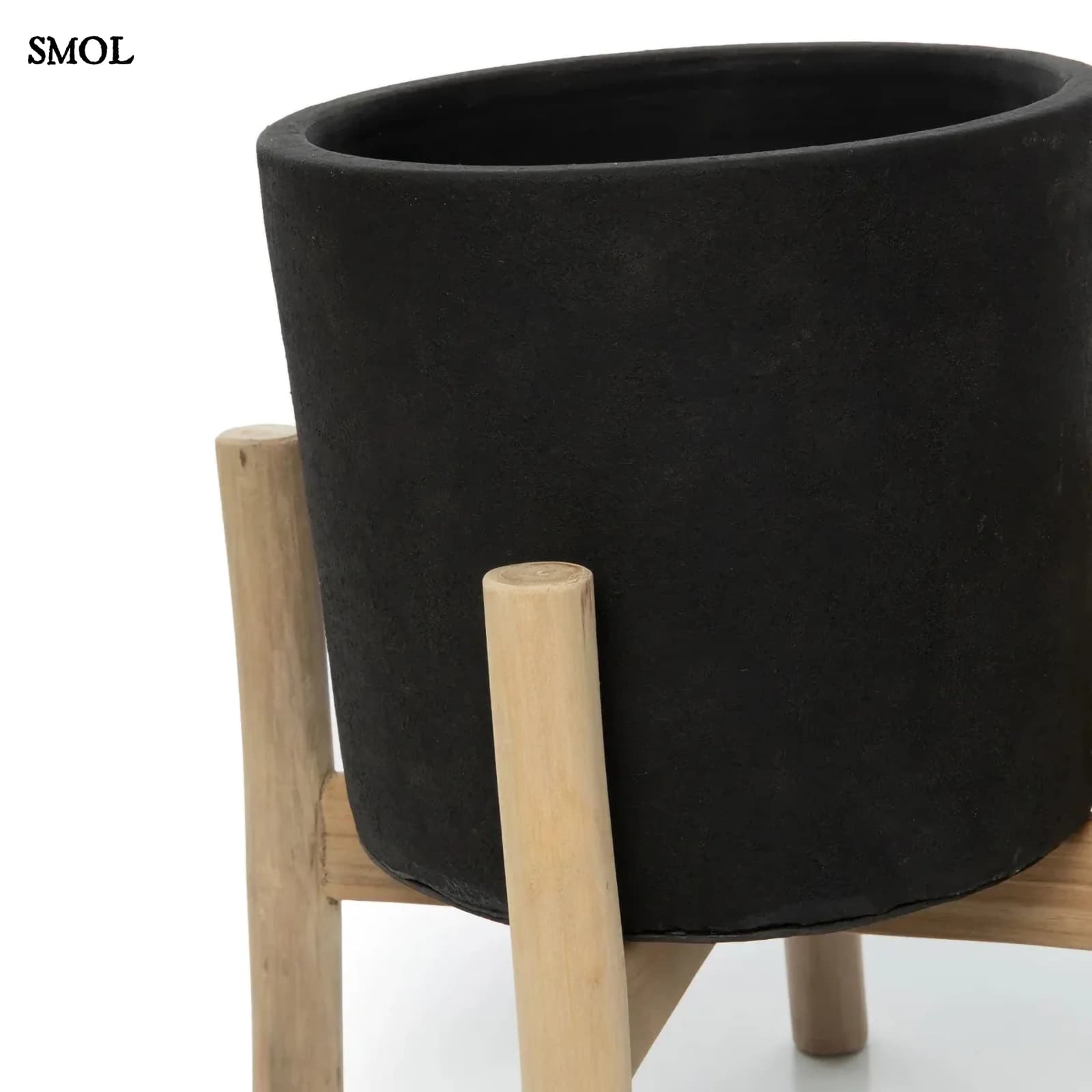 Fekete Terrakotta Virágtartó Teak Fa Lábbal | CHARCOAL LOW | SMOL - nagyítva
