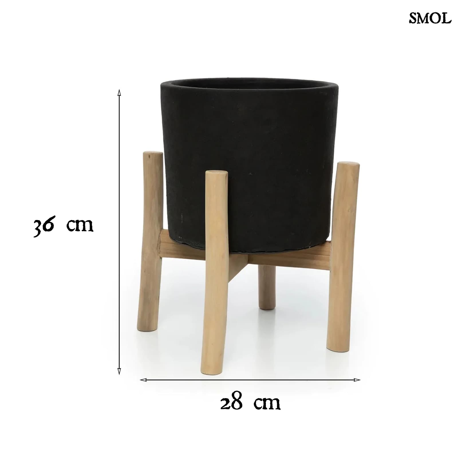 Fekete Terrakotta Virágtartó Teak Fa Lábbal | CHARCOAL LOW | SMOL - méretekkel