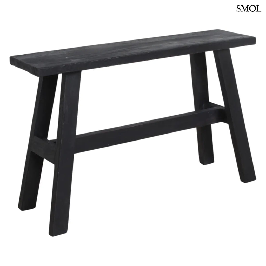 Fekete fa pad indiai buszmegálló stílusban, antikolt felülettel, ferdén