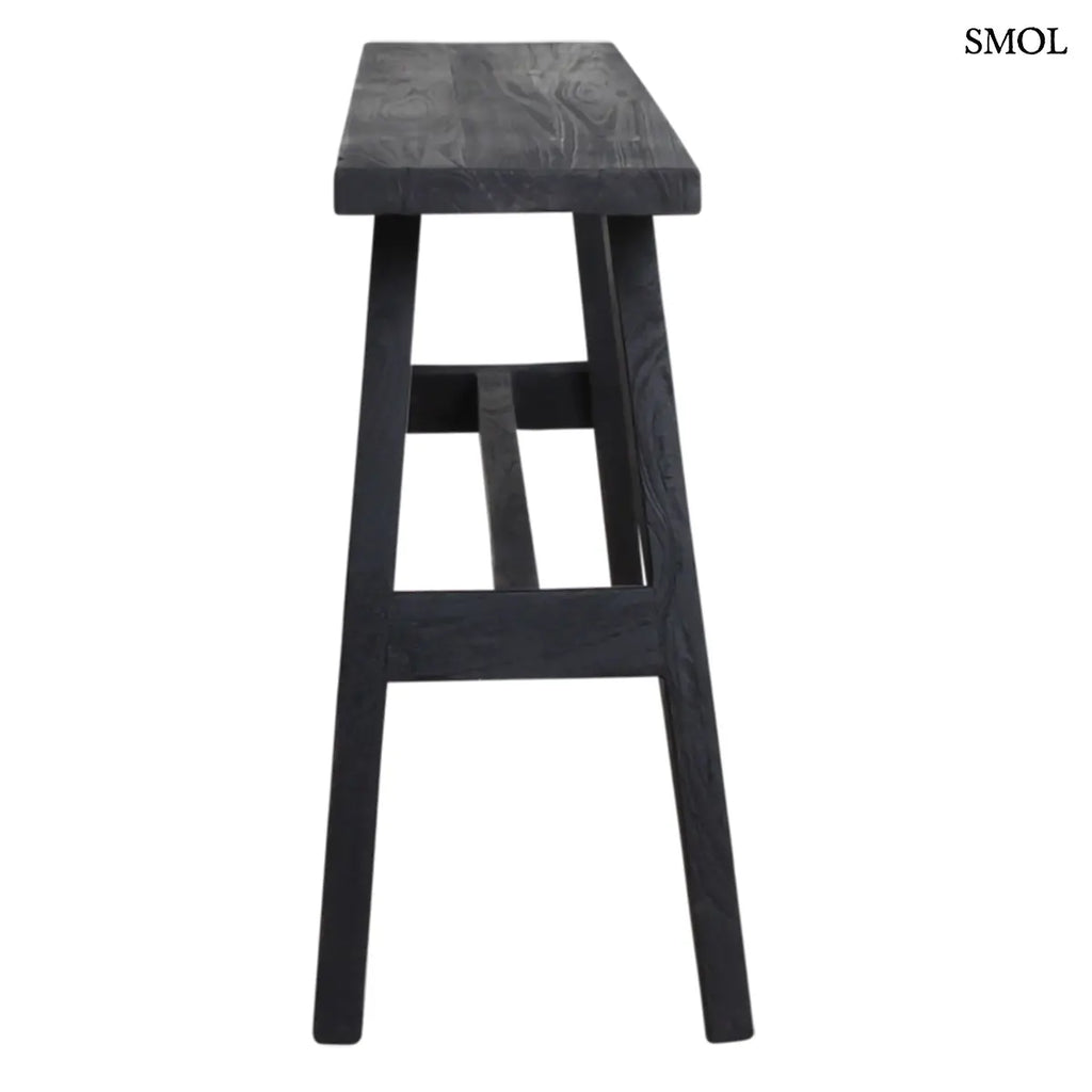 Fekete fa pad indiai buszmegálló stílusban, antikolt felülettel, oldalról