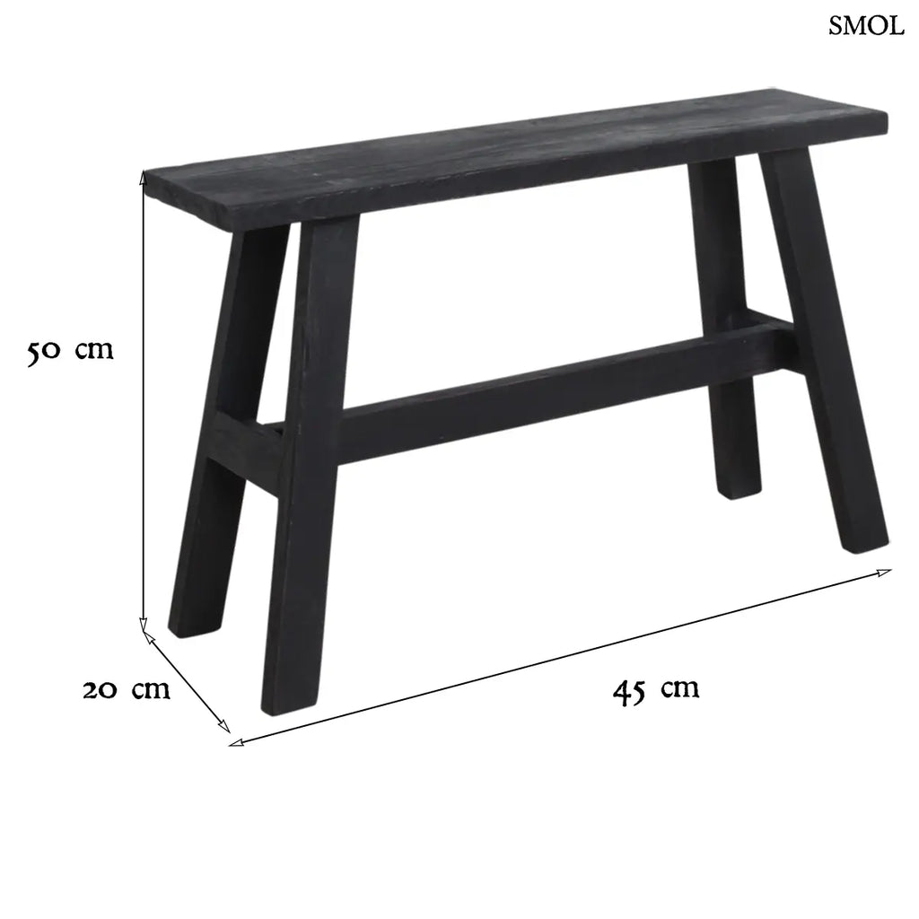 Fekete fa pad indiai buszmegálló stílusban, antikolt felülettel, méretekkel