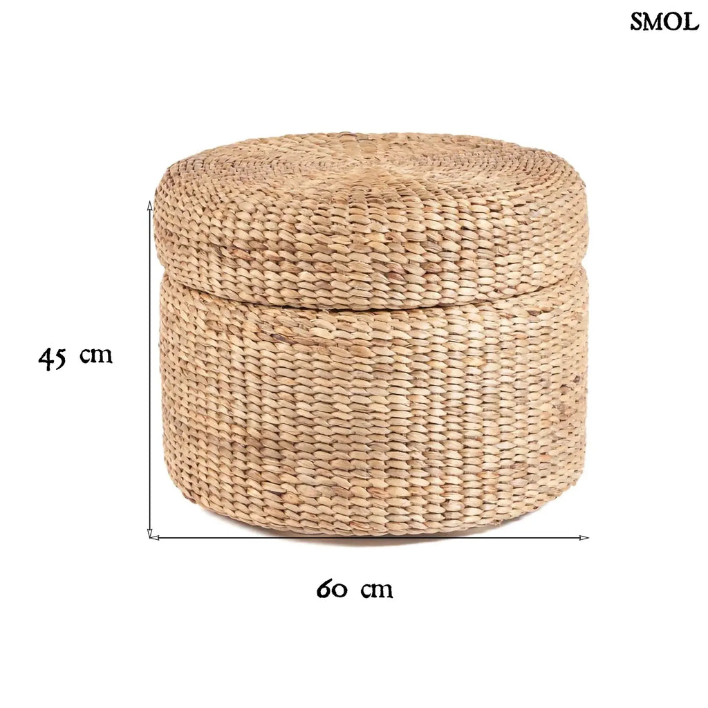 Kerek, fonott tároló puff natúr vízijácintból, zárt fedővel, méretekkel