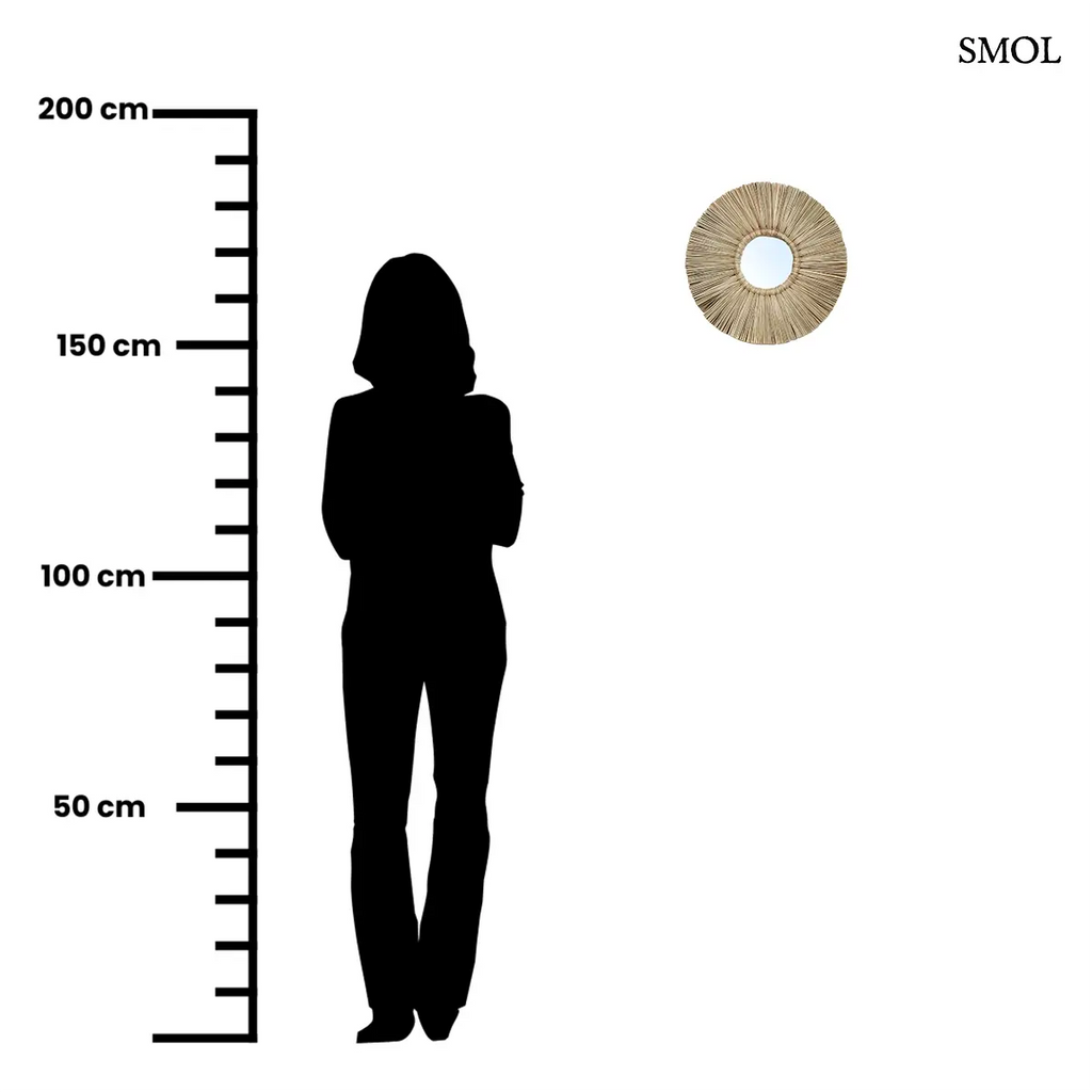 Kerek fonott tükör alang alang fű kerettel, S méret, 35 cm átmérő, méretarányosan