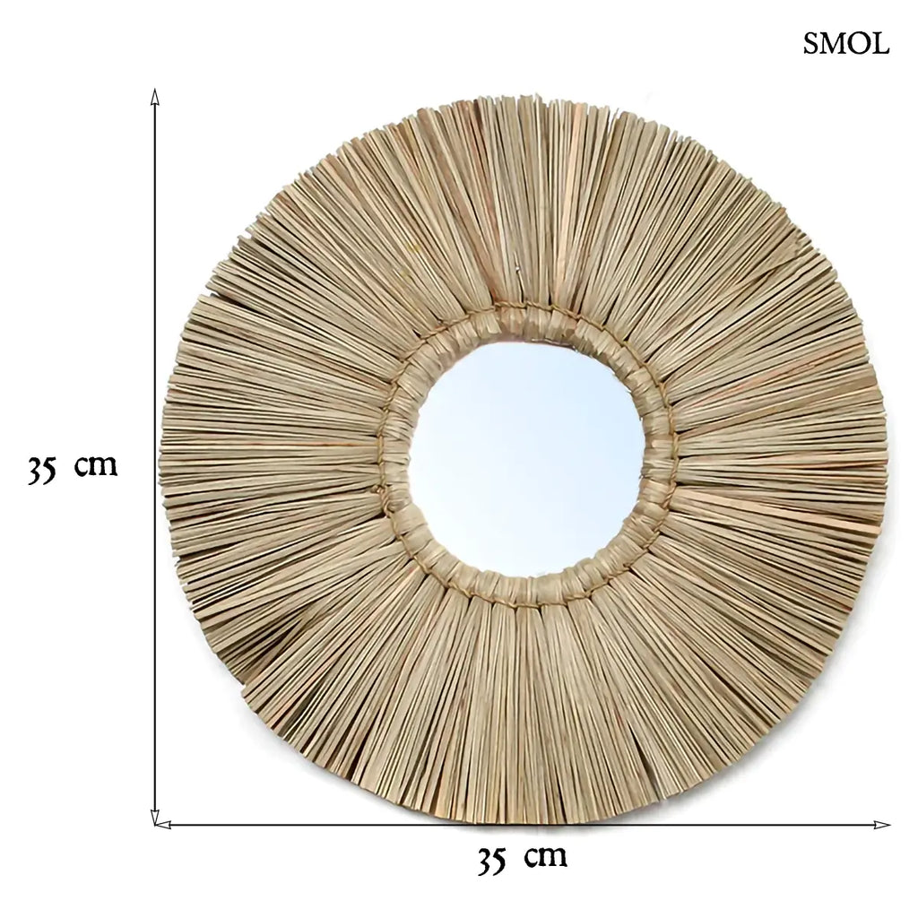 Kerek fonott tükör alang alang fű kerettel, S méret, 35 cm átmérő, méretekkel