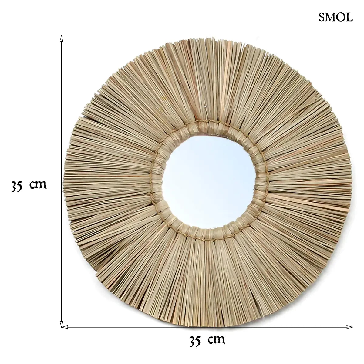 Kerek fonott tükör alang alang fű kerettel, S méret, 35 cm átmérő, méretekkel