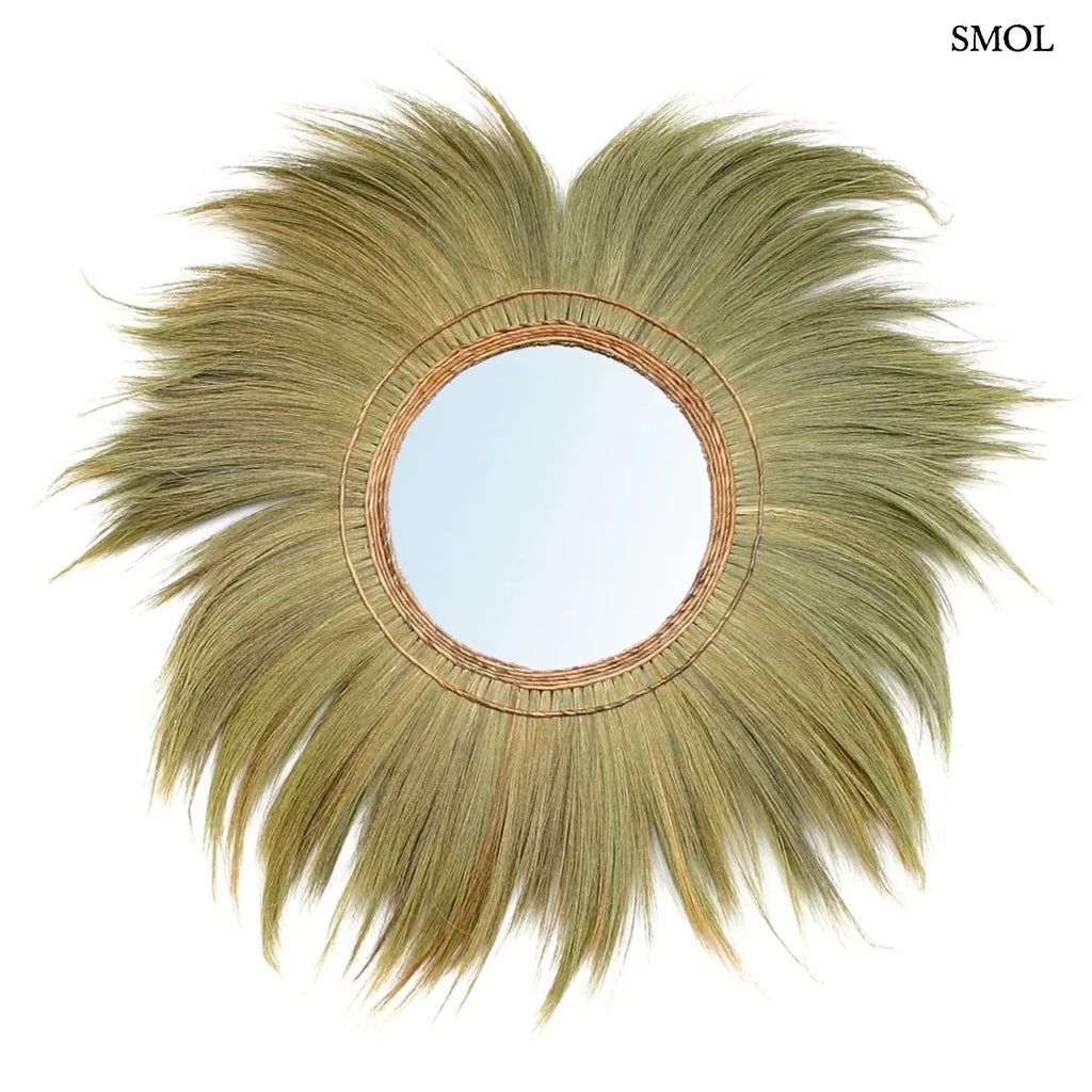 Nagy kerek fonott tükör természetes fű kerettel, XL méret, 120 cm átmérő, fehér háttérrel