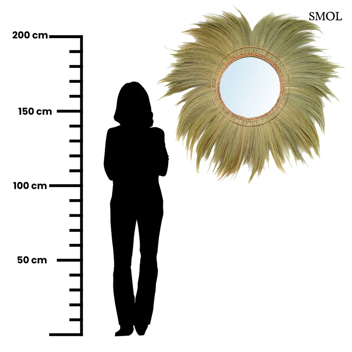 Nagy kerek fonott tükör természetes fű kerettel, XL méret, 120 cm átmérő, méretarányosan