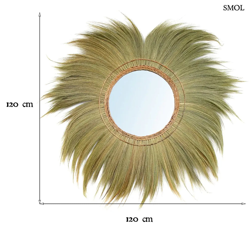 Nagy kerek fonott tükör természetes fű kerettel, XL méret, 120 cm átmérő, méretekkel