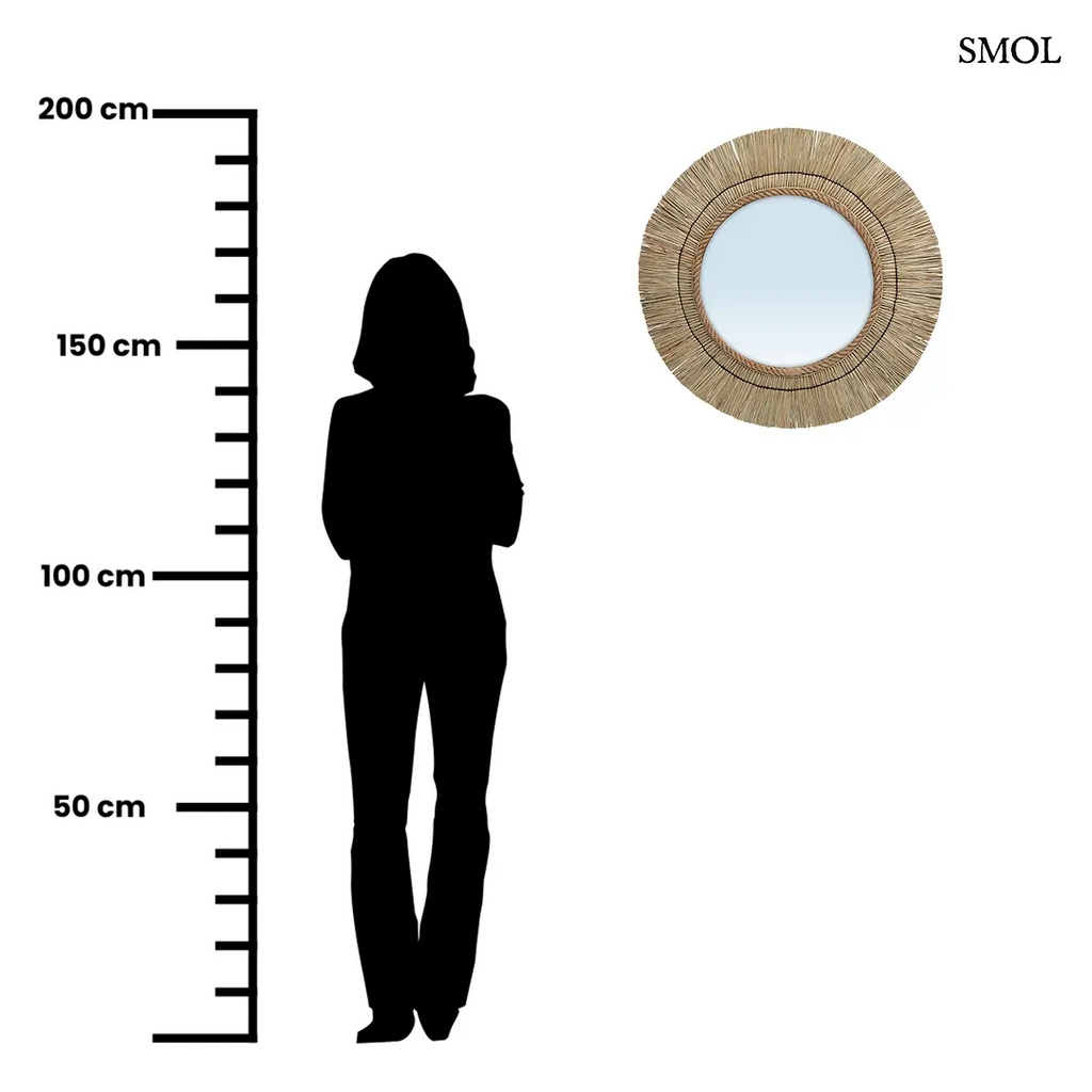 Kerek fonott tükör natúr keretes formával, 65 cm átmérő, méretarányosan