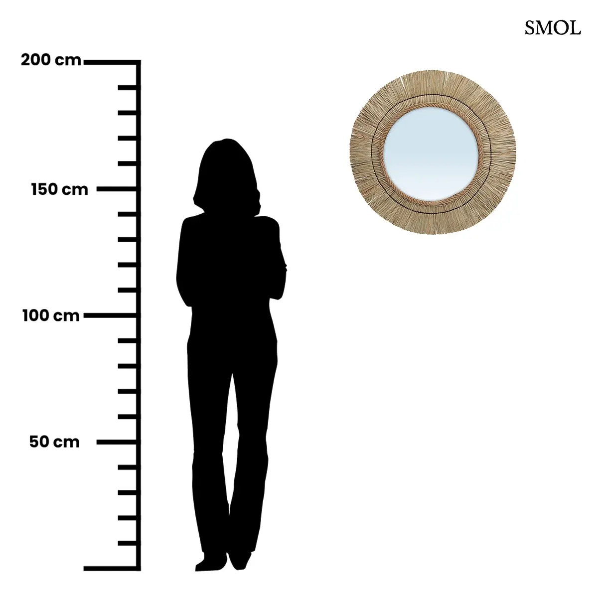 Kerek fonott tükör natúr keretes formával, 65 cm átmérő, méretarányosan