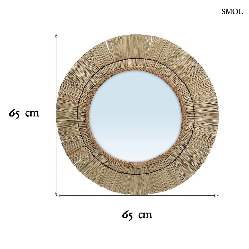 Kerek fonott tükör natúr keretes formával, 65 cm átmérő, méretekkel