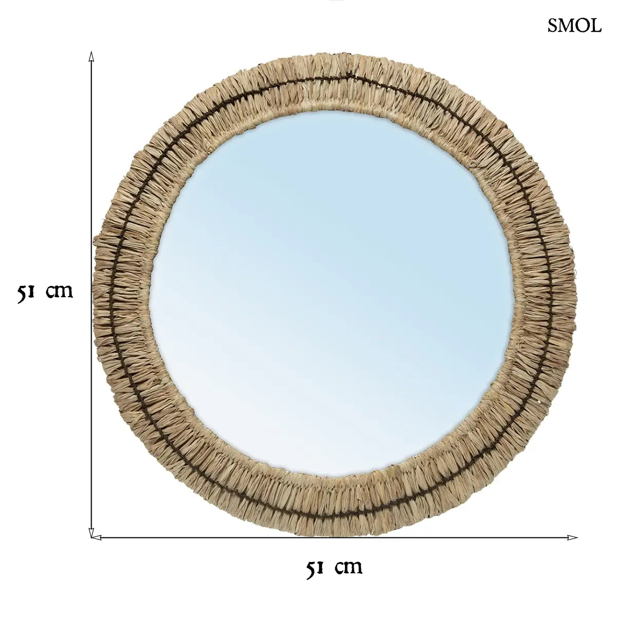 Kerek fonott tükör raffia kerettel és fekete díszítéssel, 51 cm átmérő, méretekkel