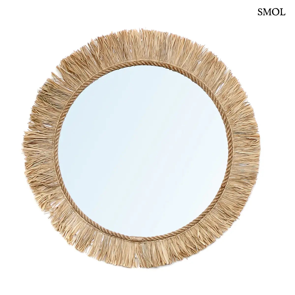 Kerek natúr raffia rojtos fali tükör napkorong formával, 60 cm átmérő, fehér háttérrel