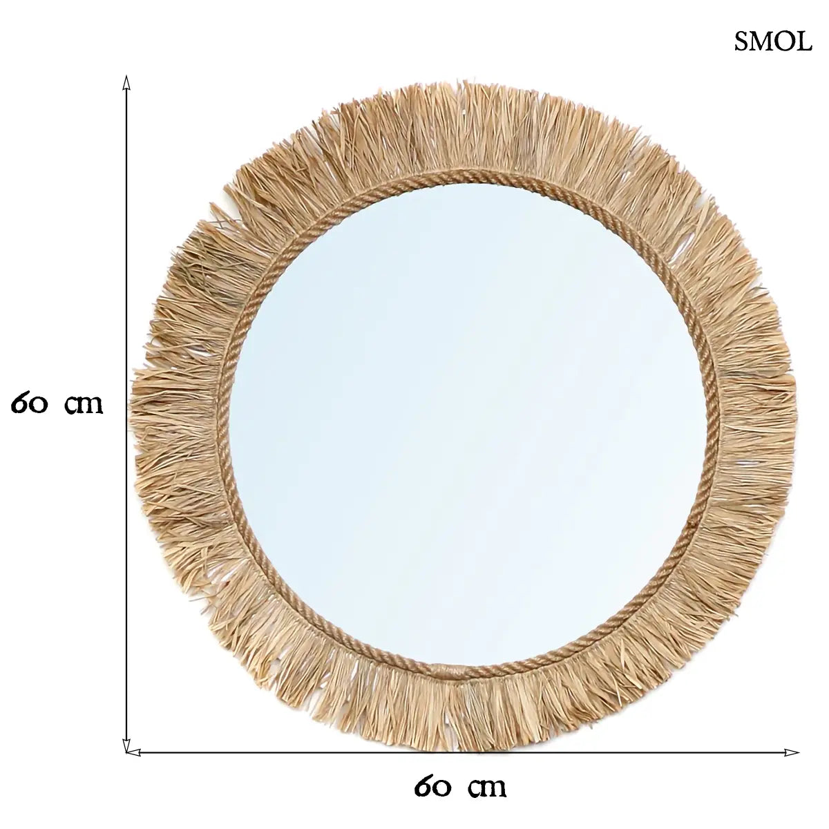 Kerek natúr raffia rojtos fali tükör napkorong formával, 60 cm átmérő, méretekkel