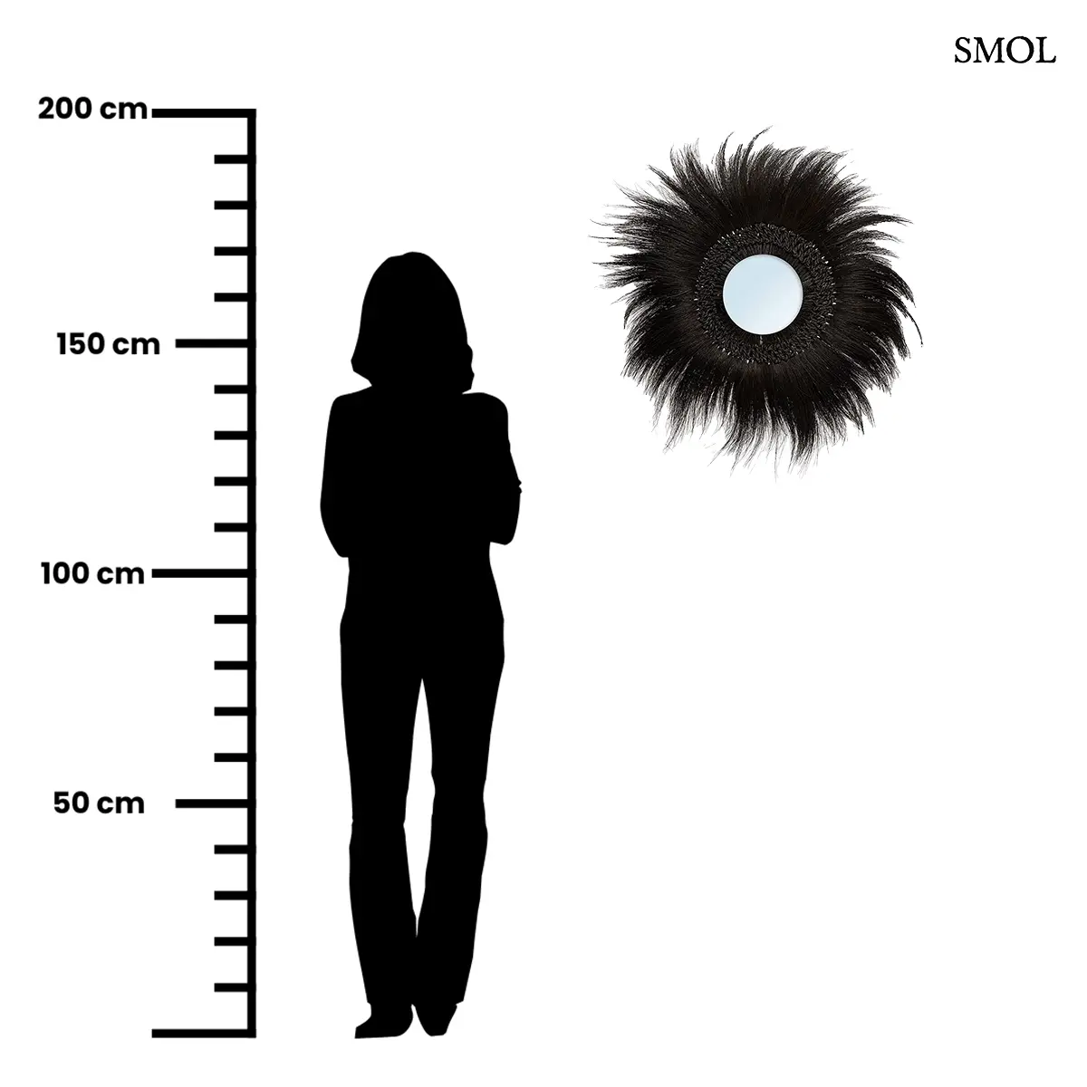 Fekete kerek fonott tükör természetes fű kerettel, M méret, 70 cm átmérő, méretarányosan