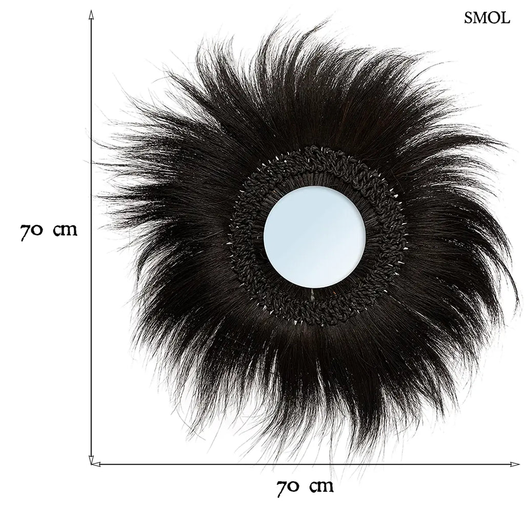 Fekete kerek fonott tükör természetes fű kerettel, M méret, 70 cm átmérő, méretekkel