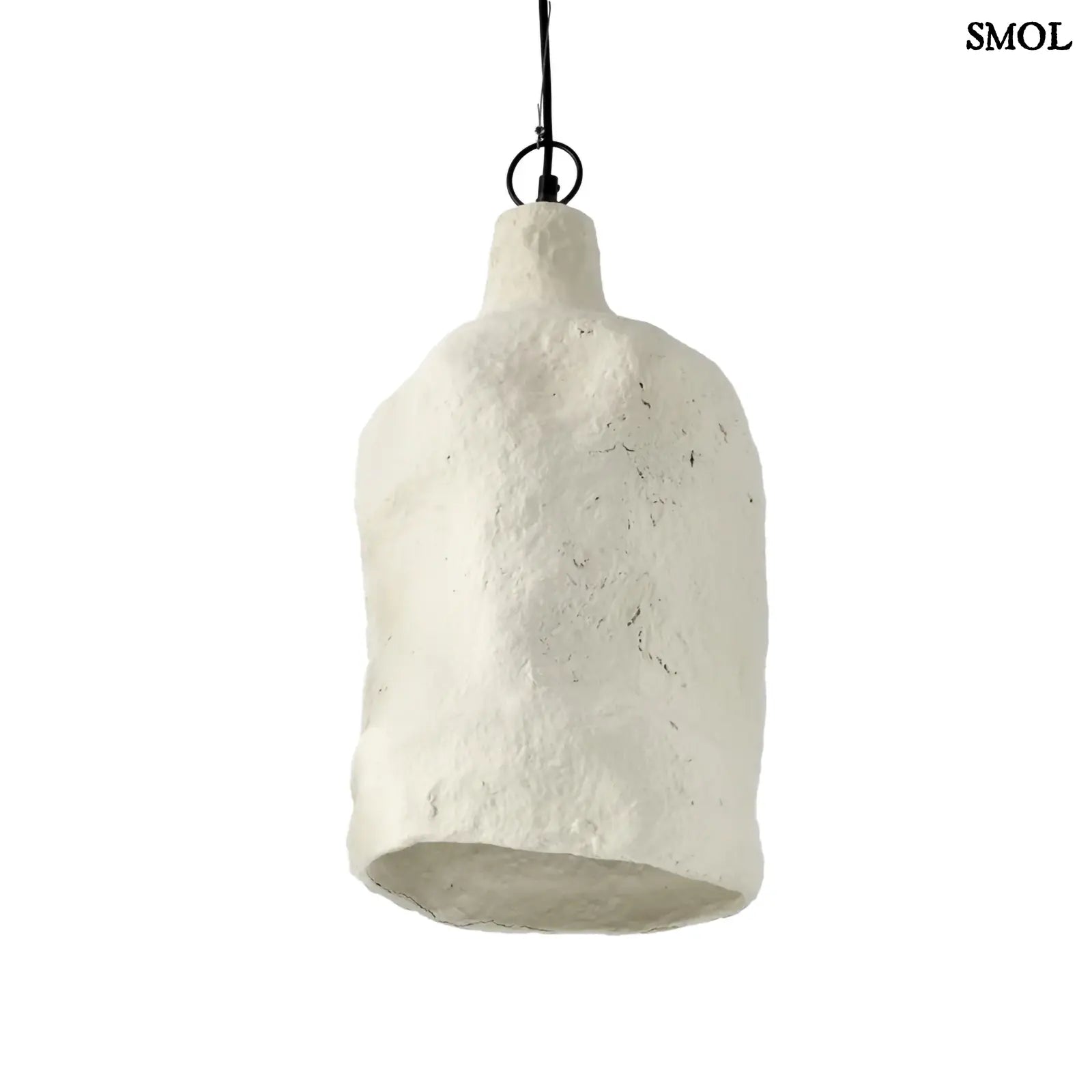 Fehér, papírmasé függőlámpa minimalista, organikus formával ferdén alulról