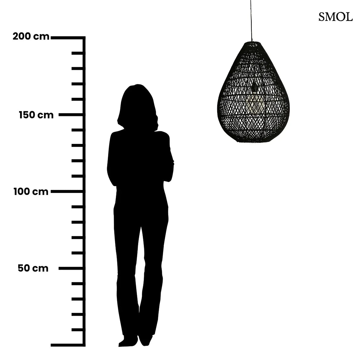 MAZE fekete csepp formájú rattan függőlámpa, méretarányosan