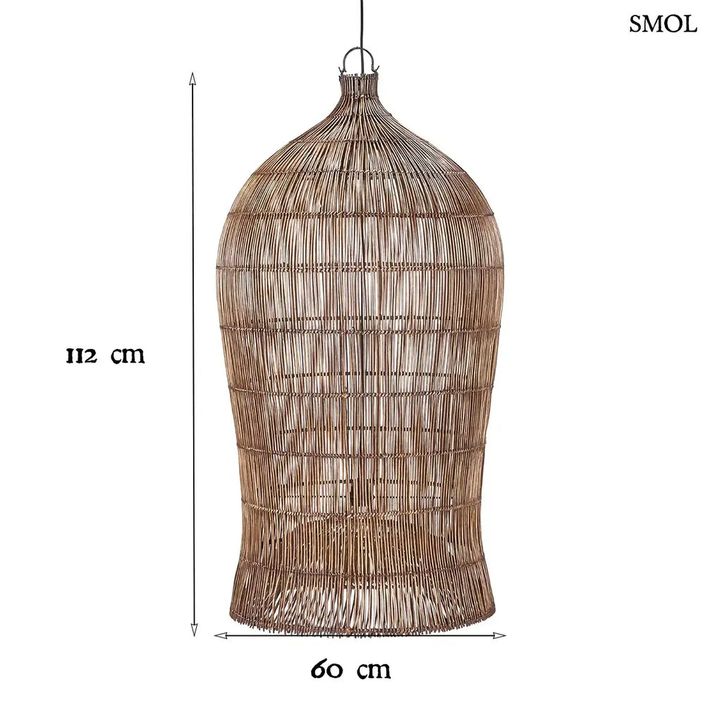 WOVEN BELL sötét dió fonott bambusz függőlámpabúra, méretekkel