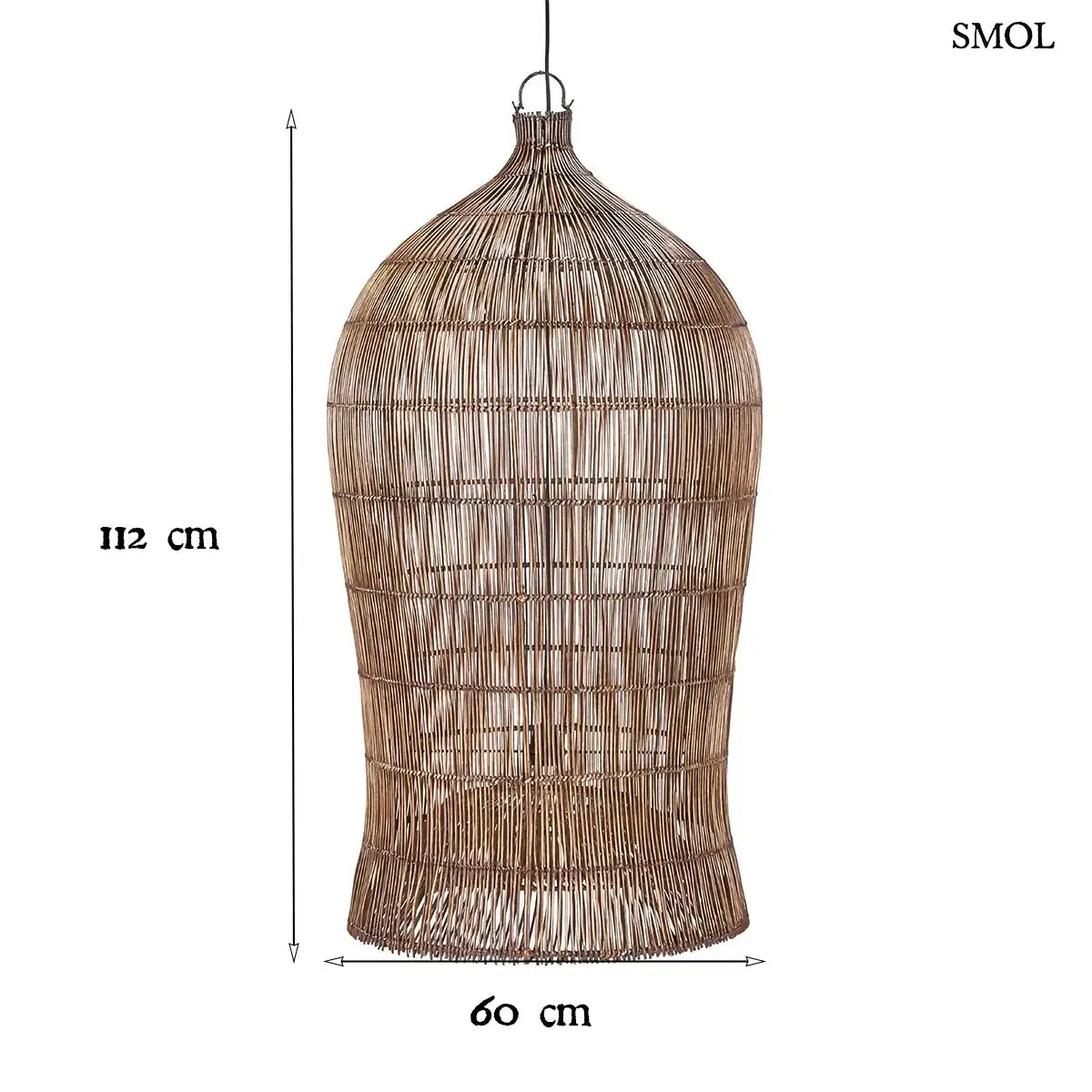 WOVEN BELL sötét dió fonott bambusz függőlámpabúra, méretekkel