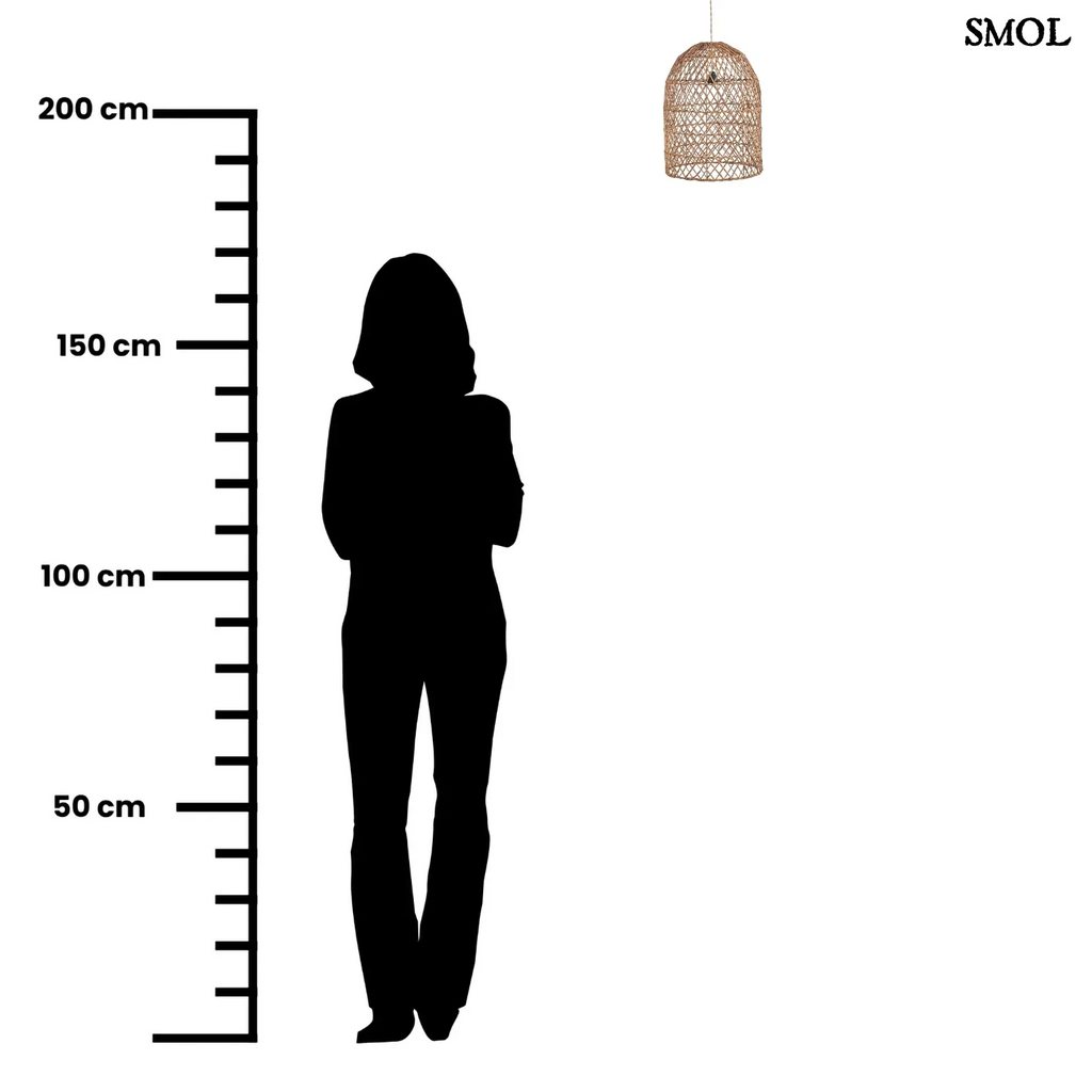 Kézzel fonott, natúr színű banánlevél függőlámpaernyő  méretarányosan