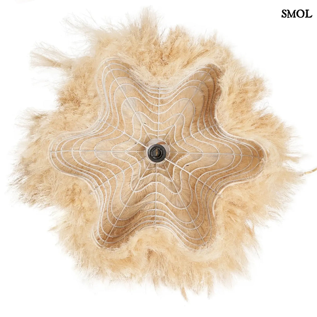 Függőlámpaernyő natúr rami rostból kézzel szőtt, organikus design, alulról