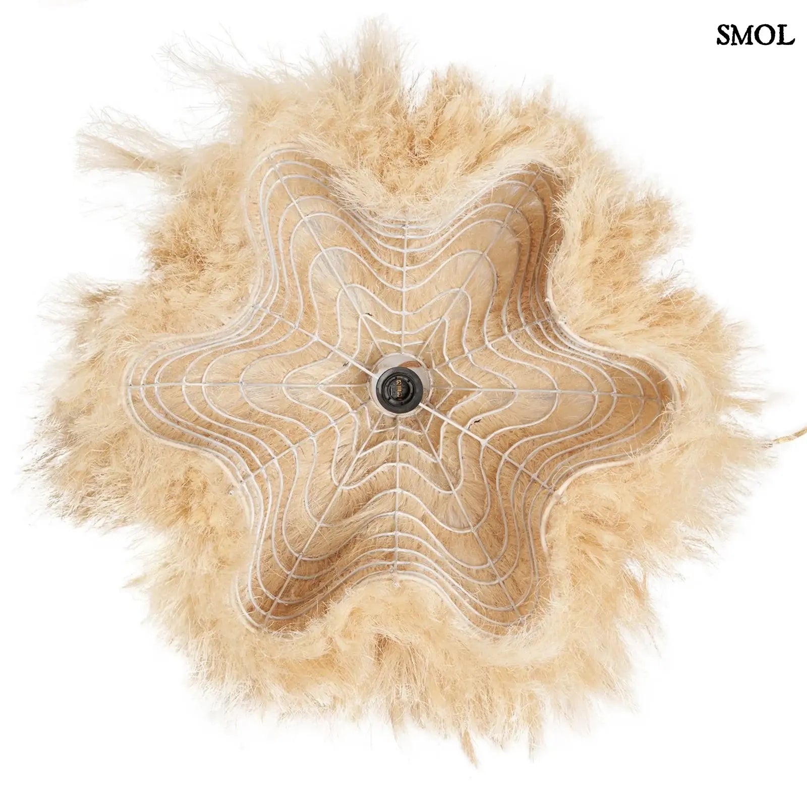 Függőlámpaernyő natúr rami rostból kézzel szőtt, organikus design, alulról