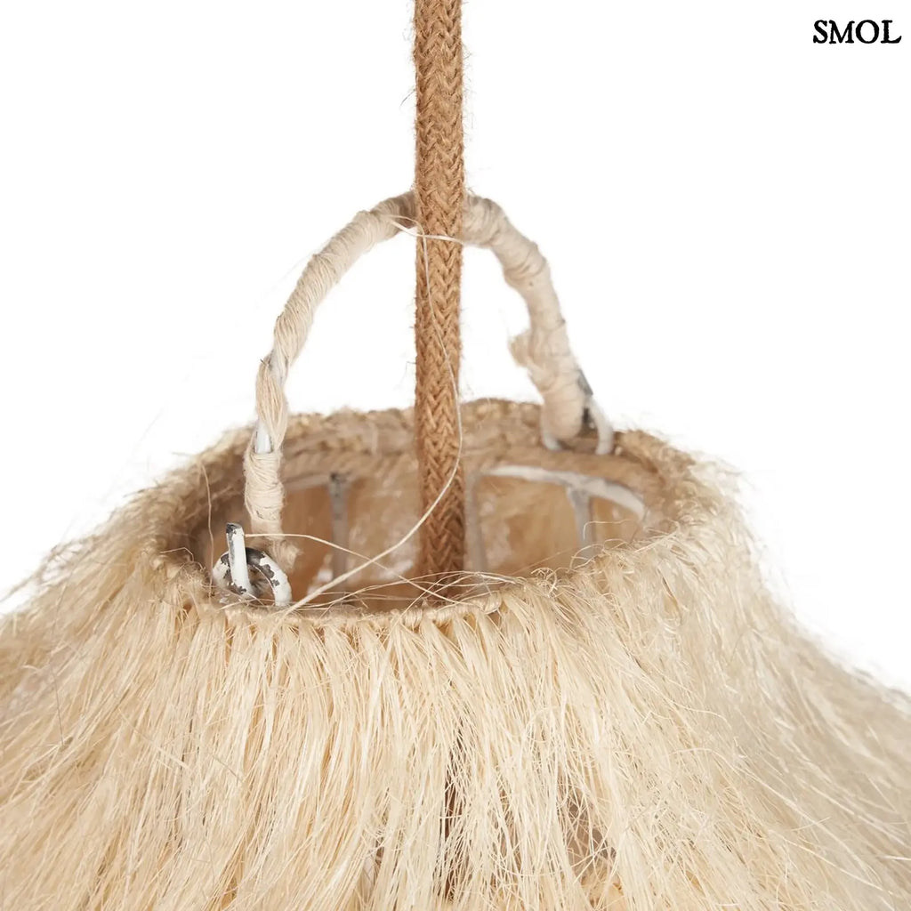 Függőlámpaernyő natúr rami rostból kézzel szőtt, organikus design, akasztó nagyítva