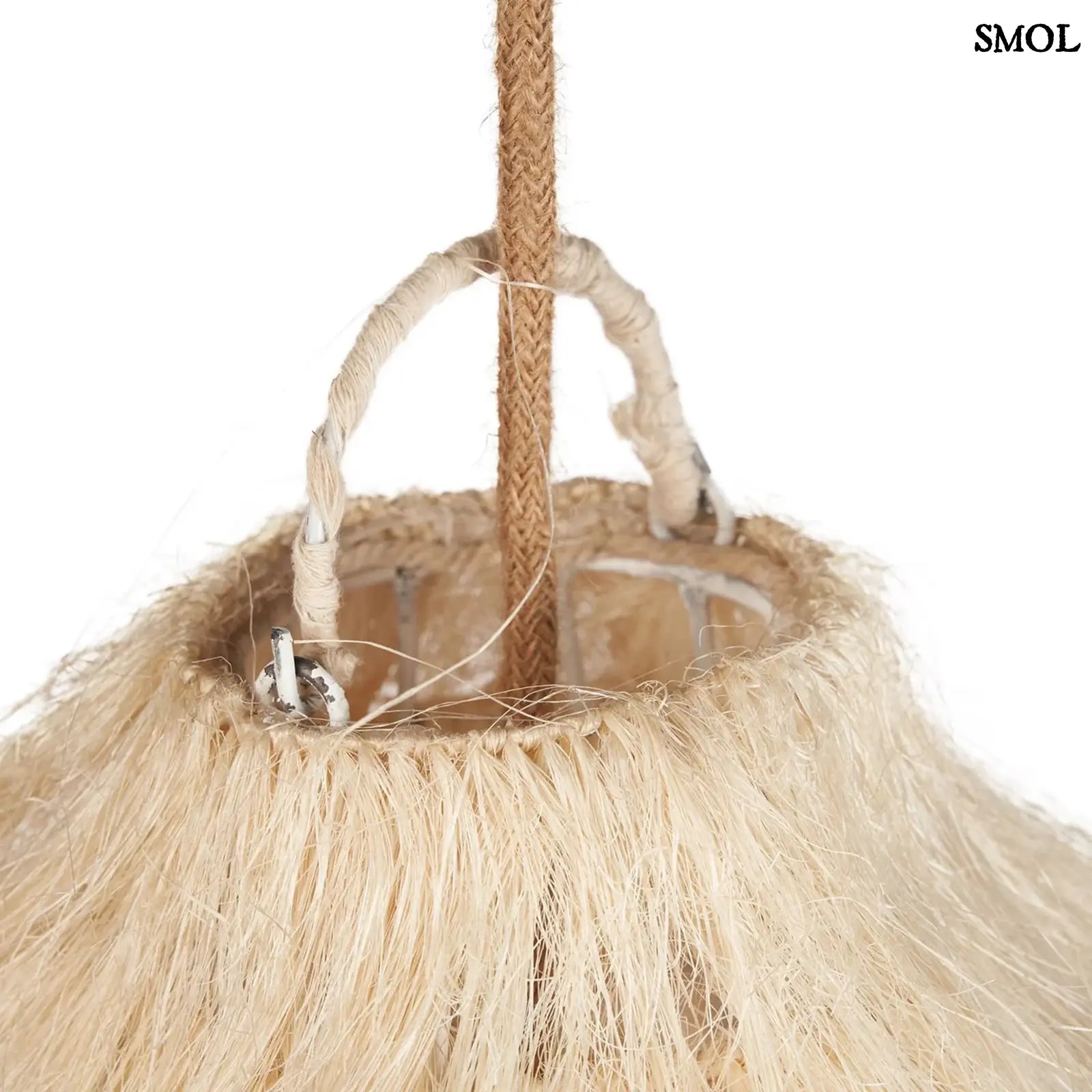 Függőlámpaernyő natúr rami rostból kézzel szőtt, organikus design, akasztó nagyítva