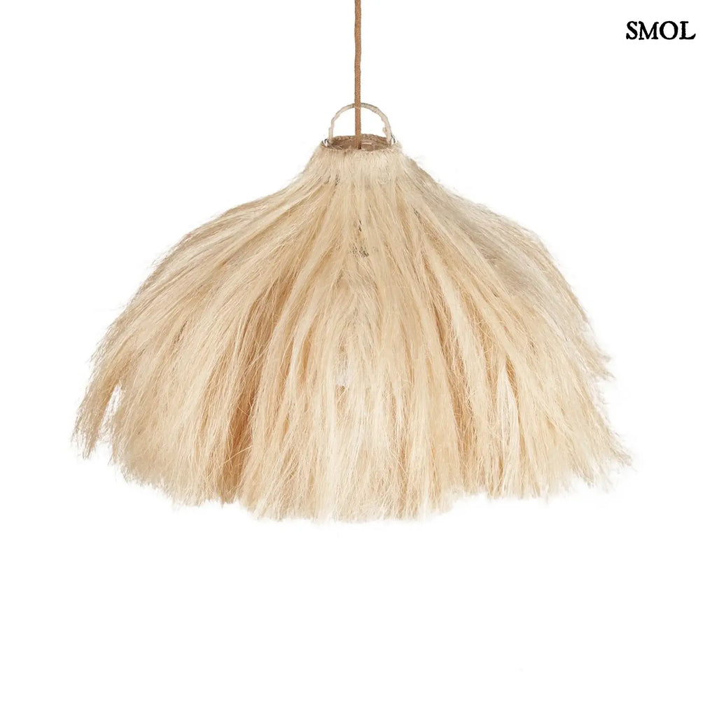 Függőlámpaernyő natúr rami rostból kézzel szőtt, organikus design, hátulról