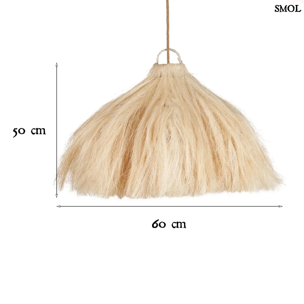 Függőlámpaernyő natúr rami rostból kézzel szőtt, organikus design, méretekkel
