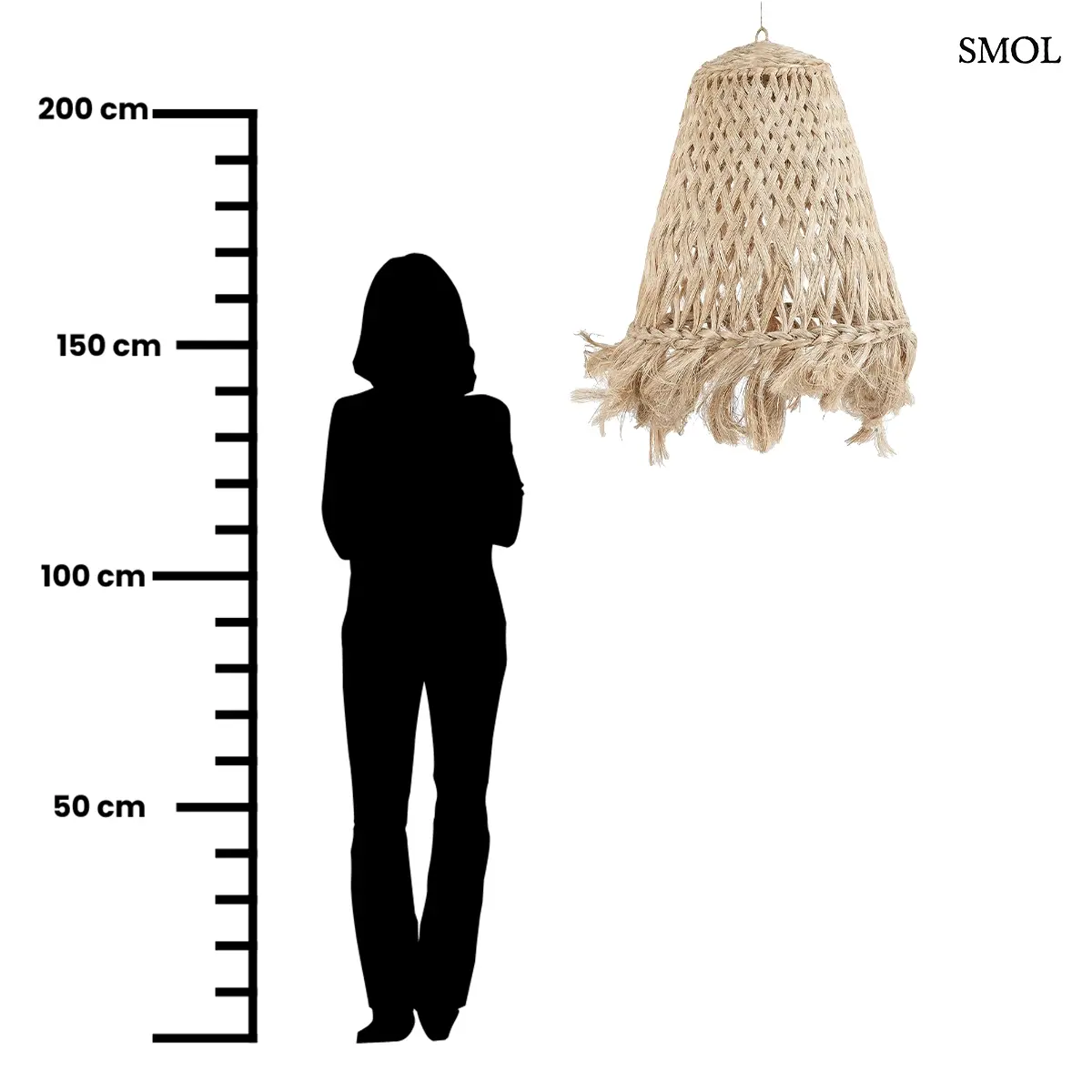 Natúr függőlámpabúra medúza formával és rojtos aljjal, L méret, 63 cm, méretarányosan