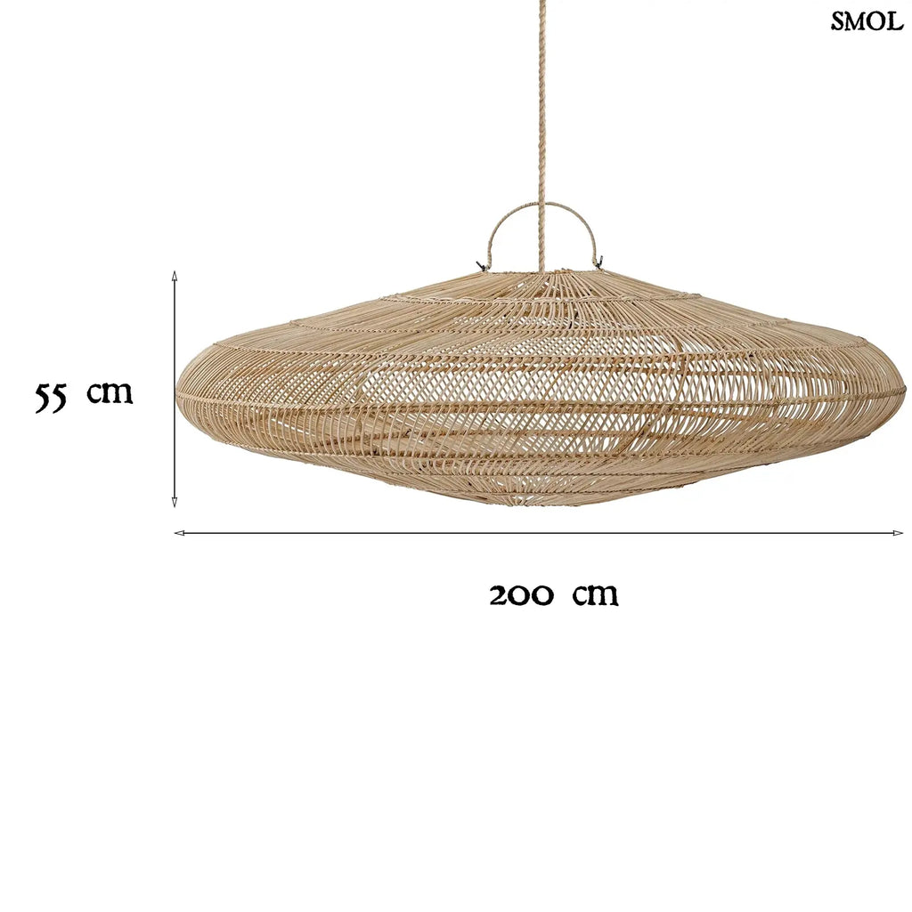 rattan függőlámpaernyő natúr színben, extra nagy méretben méretekkel
