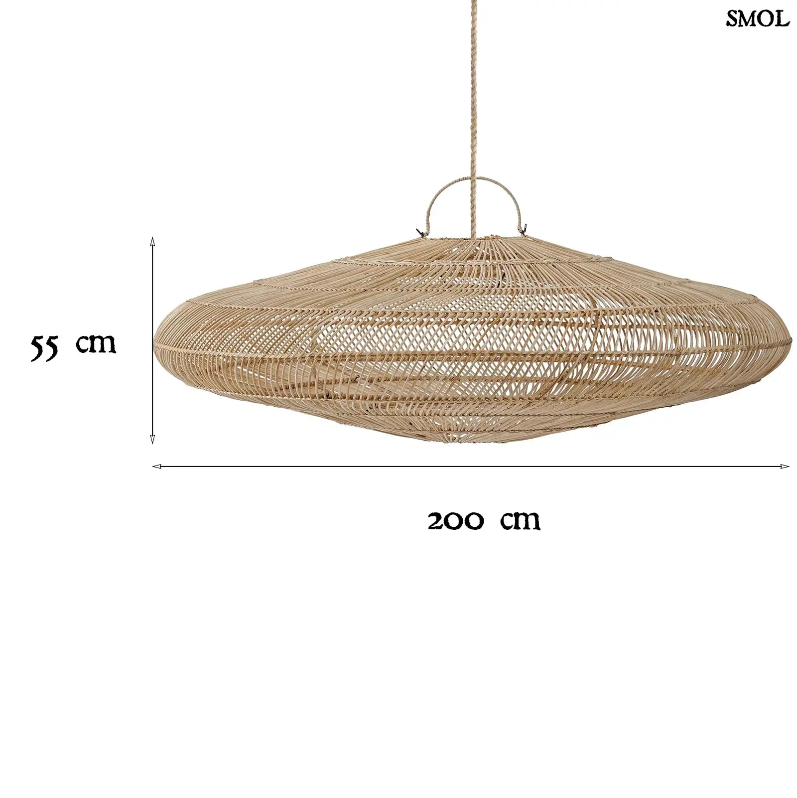 rattan függőlámpaernyő natúr színben, extra nagy méretben méretekkel