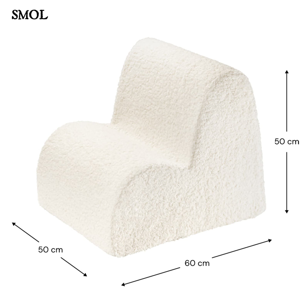 Gyerek felhőfotel | CREAM WHITE, felhő alakú, teddy anyagú gyerekfotel, SMOL - méretekkel