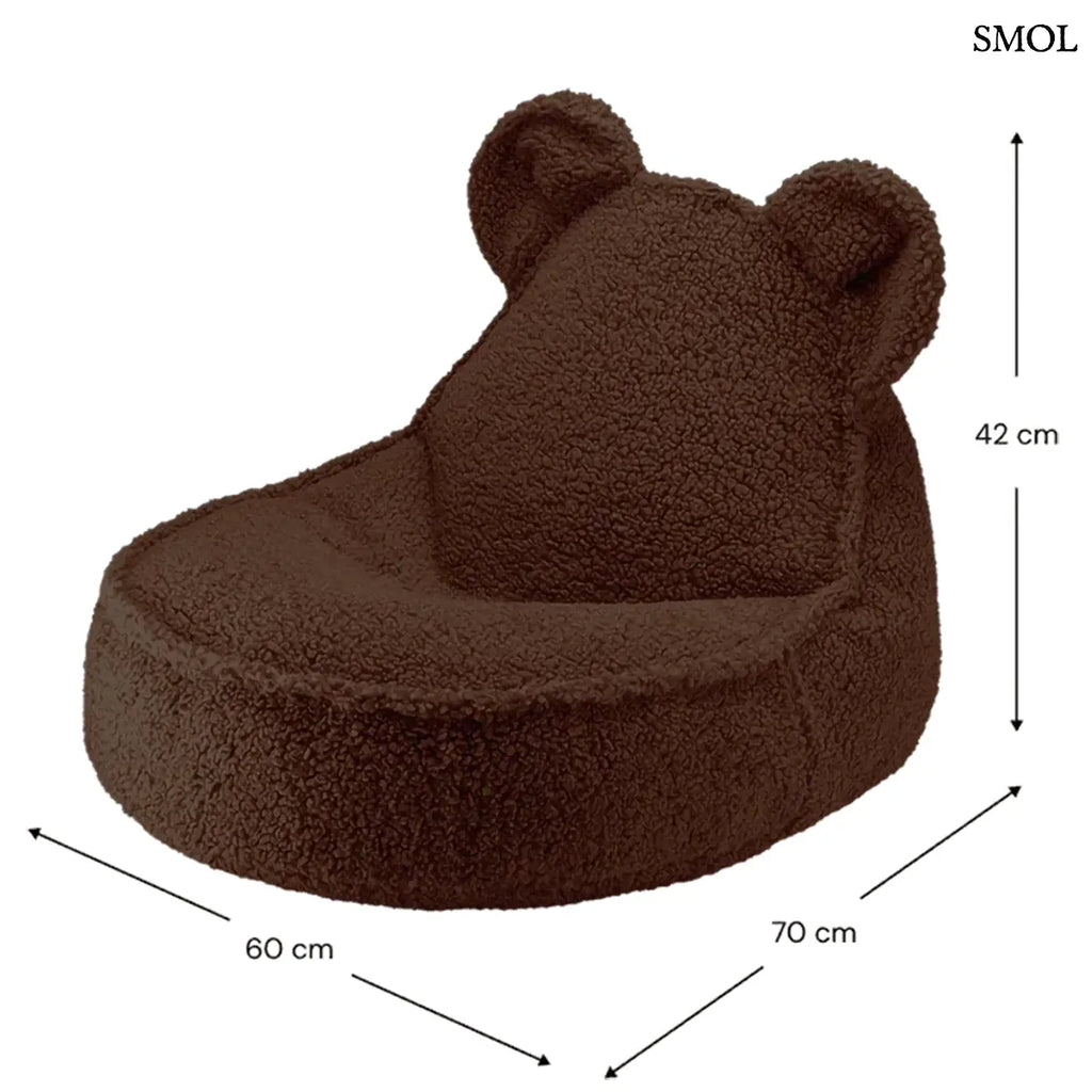 Barna színű, puha teddy anyagú gyerek babzsákfotel mackófülekkel, méretekkel