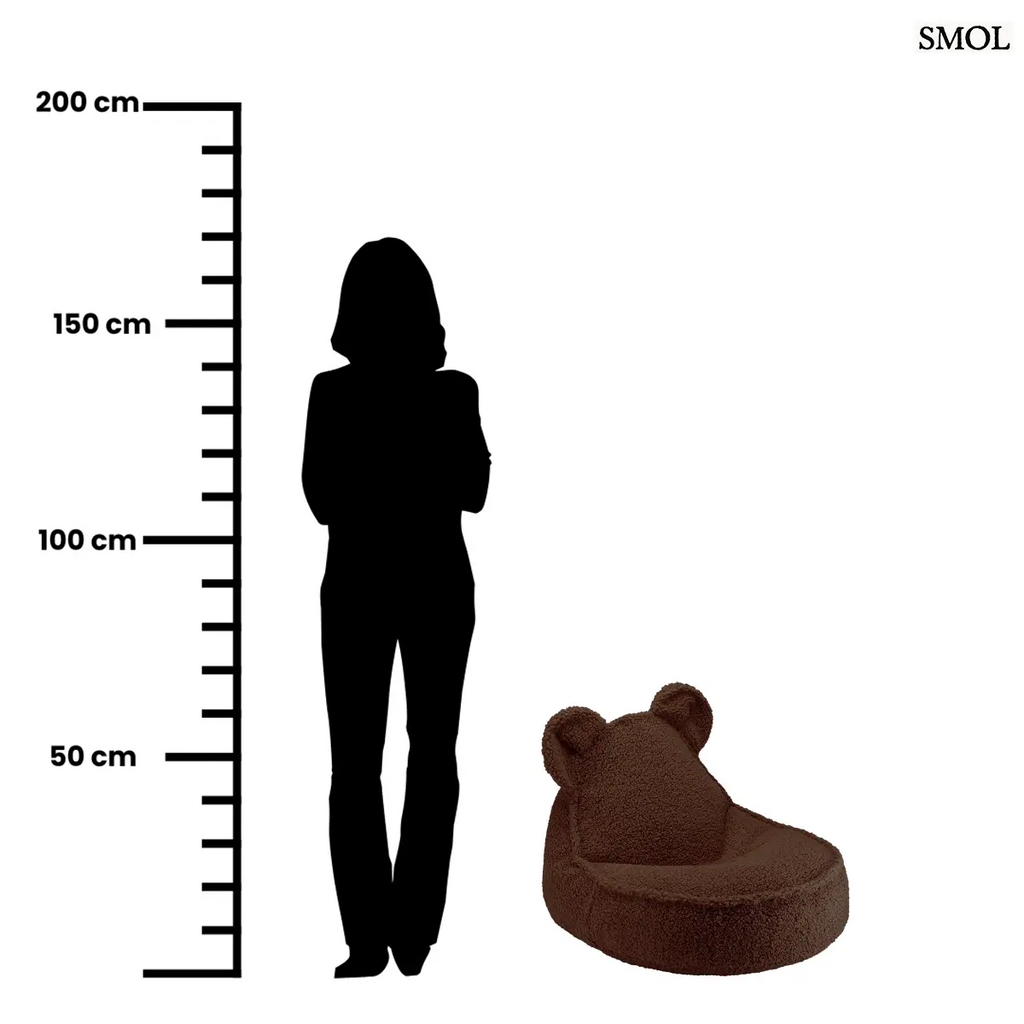 Barna színű, puha teddy anyagú gyerek babzsákfotel mackófülekkel, méretarányosan