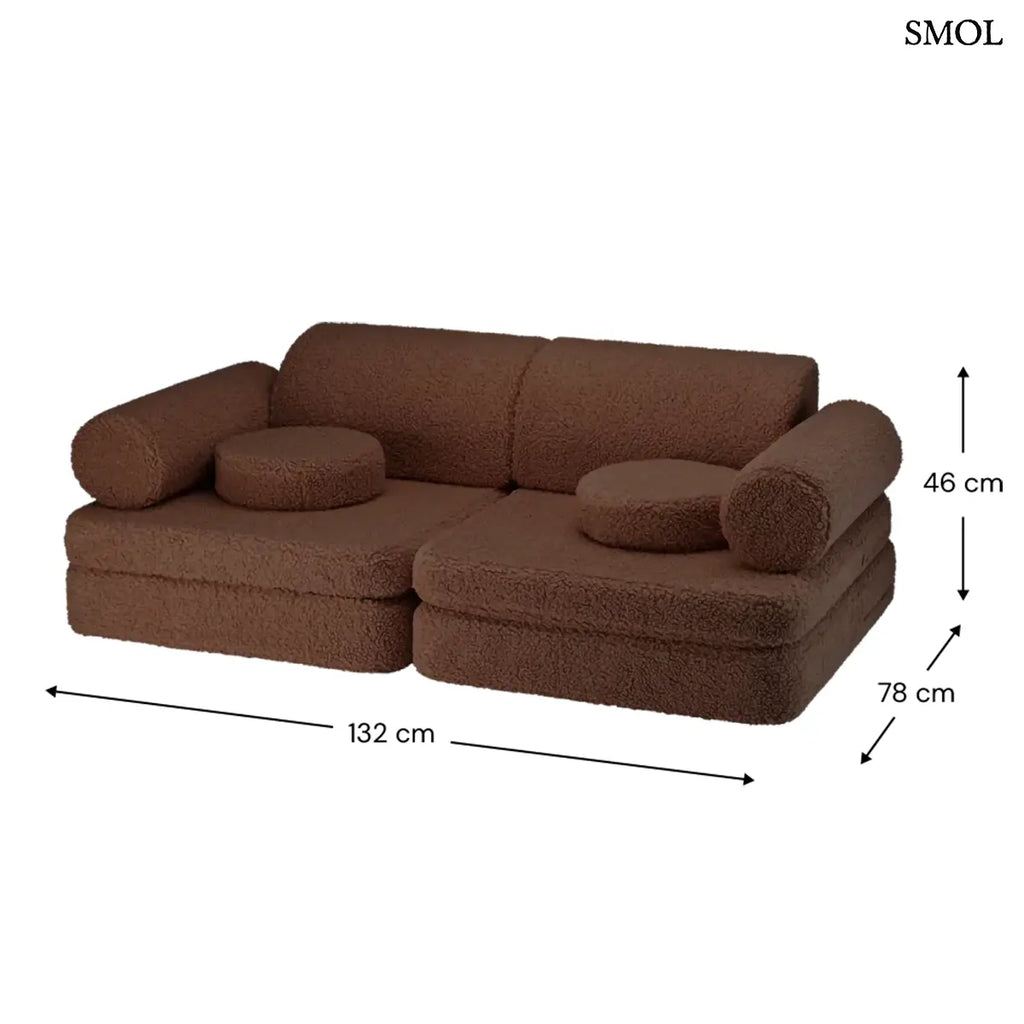 Barna, bársonyos tapintású kilencrészes gyerekkanapé henger és kerek párnákkal, puha teddy szövet borítással, méretekkel