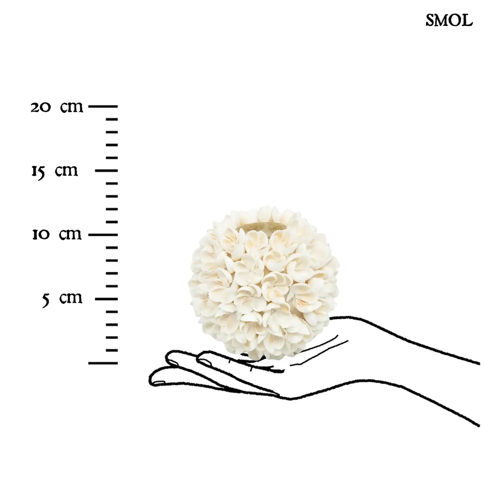 FLOWER POWER kagyló gyertyatartó, L méret, kézzel készült, gömb alakú, natúr fehér színű boho dekoráció kagylóvirág mintával méretarányosan