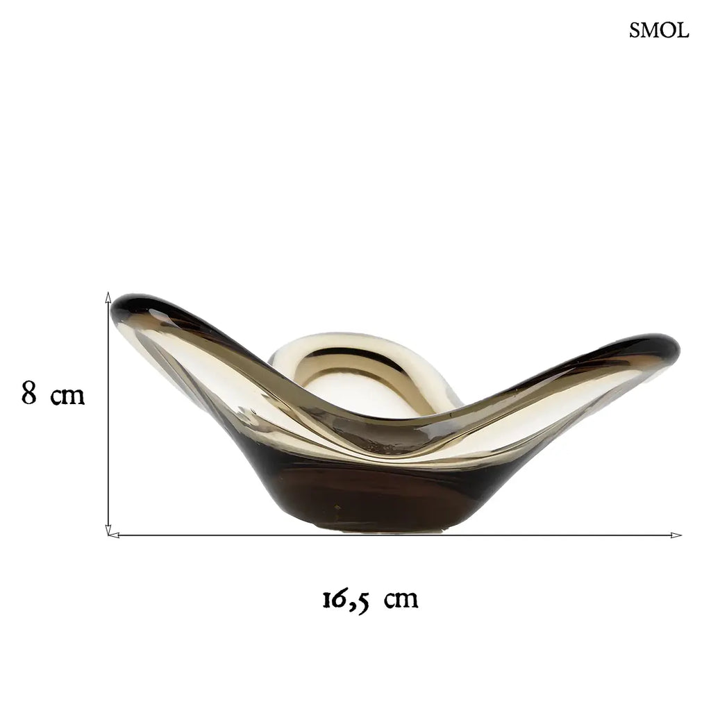 LIQUID FORM gyertyatartó füstös üvegből, hullámforma, organikus – 16,5 × 8 × 16,5 cm, méretekkel
