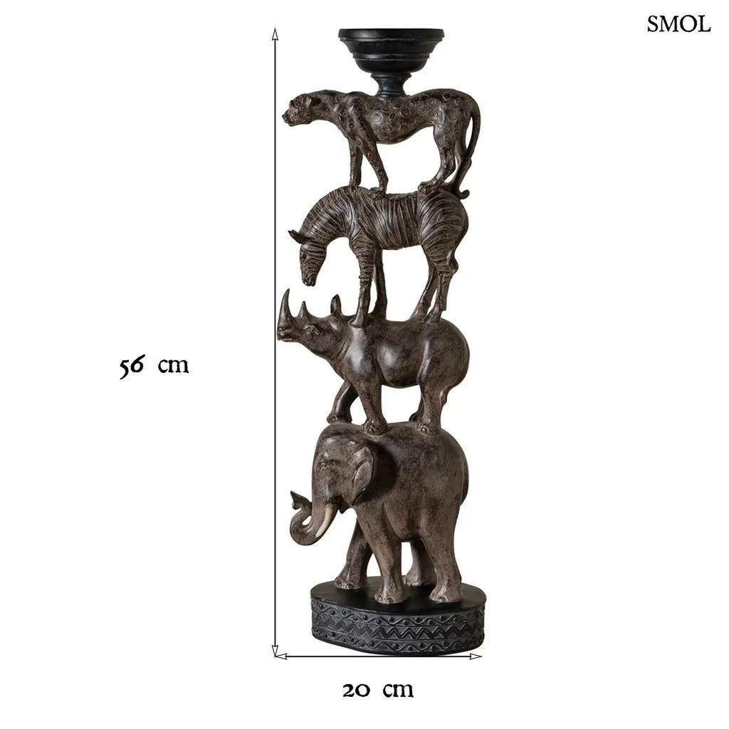 Afrikai totem gyertyatartó szobor egymásra rakott állatokkal, szürke polirezin, 56 cm, méretekkel