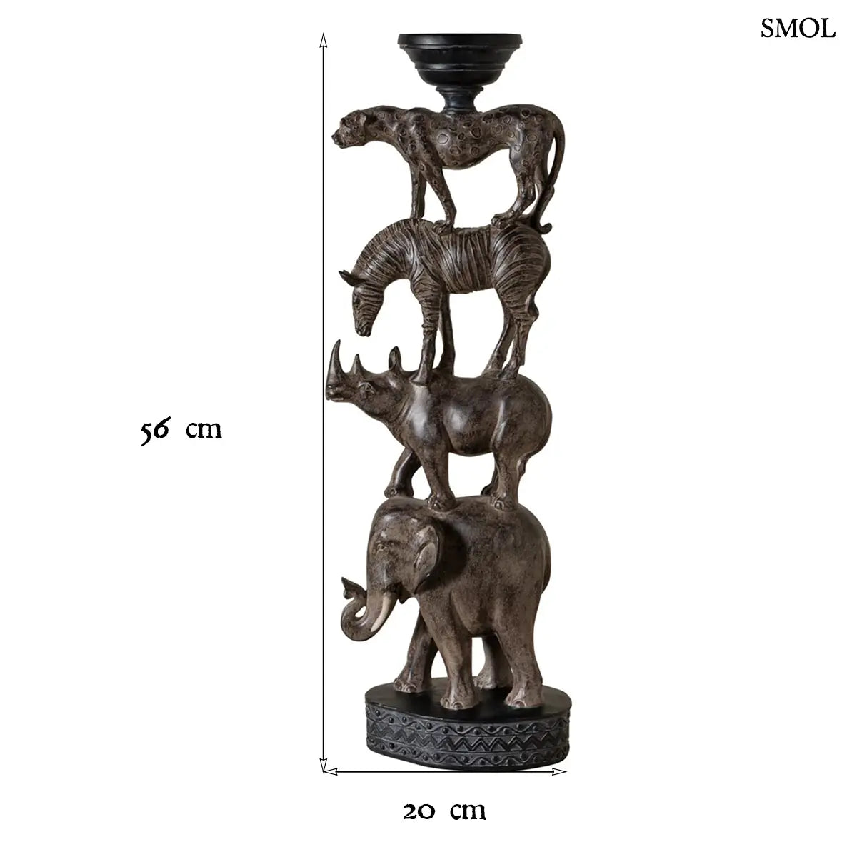 Afrikai totem gyertyatartó szobor egymásra rakott állatokkal, szürke polirezin, 56 cm, méretekkel