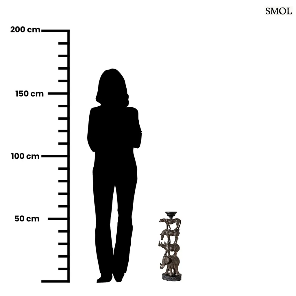 Afrikai totem gyertyatartó szobor egymásra rakott állatokkal, szürke polirezin, 56 cm, méretarányosan