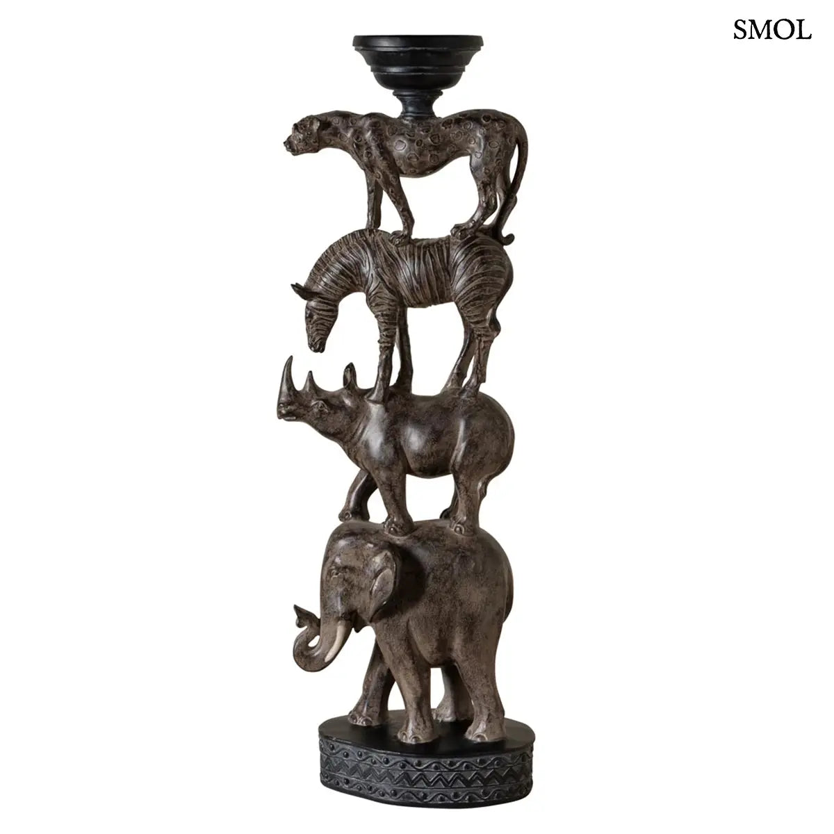 Afrikai totem gyertyatartó szobor egymásra rakott állatokkal, szürke polirezin, 56 cm, fehér háttérrel