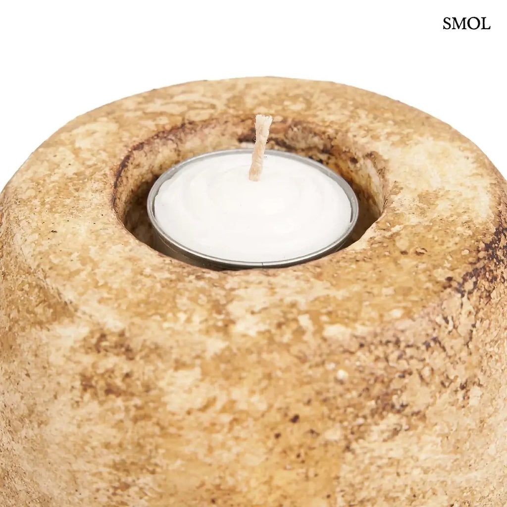 CAVESTONE gyertyatartó krém terrakottából, kerek forma – 13 × 12 cm, mécsestartóval, felülről