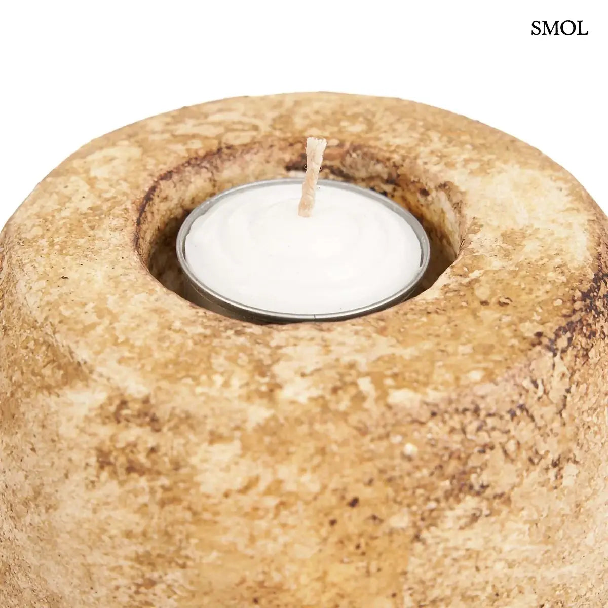 CAVESTONE gyertyatartó krém terrakottából, kerek forma – 13 × 12 cm, mécsestartóval, felülről