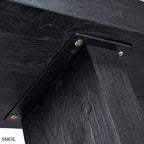 Japandi stílusú fekete teakfa konzolasztal tömör fából, minimalista kialakítással, alulról